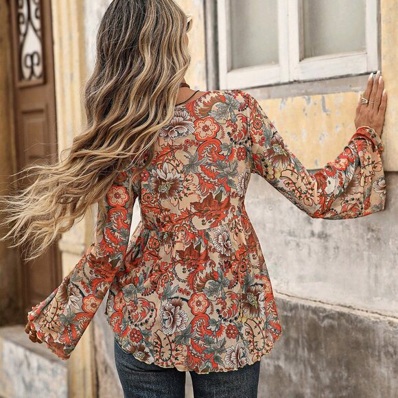 Orange Boho Women's Paisley Print Mesh Long Sleeve Tie Front Asymmetric top - Picture 2 of 8